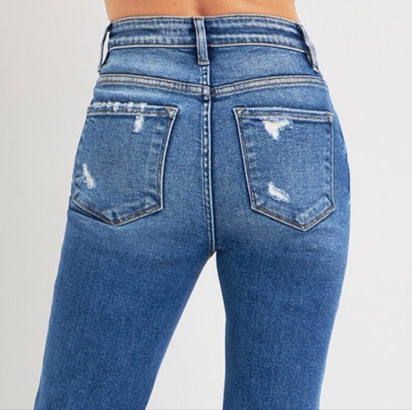 RISEN High-Rise Tummy Control Retro Jeans Distressed Bootcut Ankle Denim Pants - Picture 7 of 16